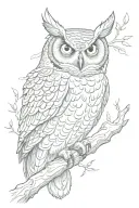 horned owl perched on a branch tattoo design idea