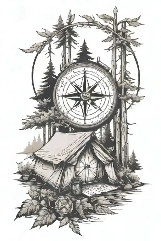 compass camp tent in forest tattoo design idea