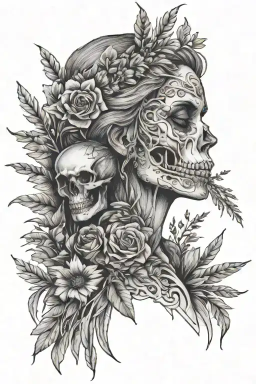 a woman with a wheat and flowers wreath, half-skeleton tattoo design idea