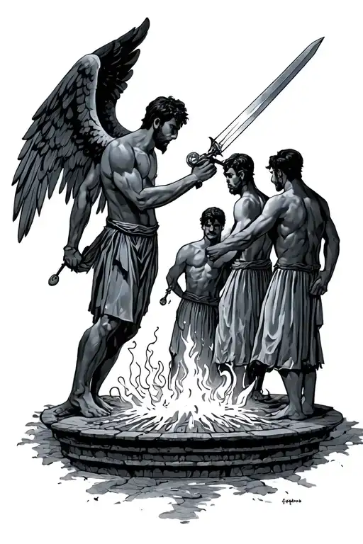 3 men in a furnace protected by an angel holding a sword tattoo design idea