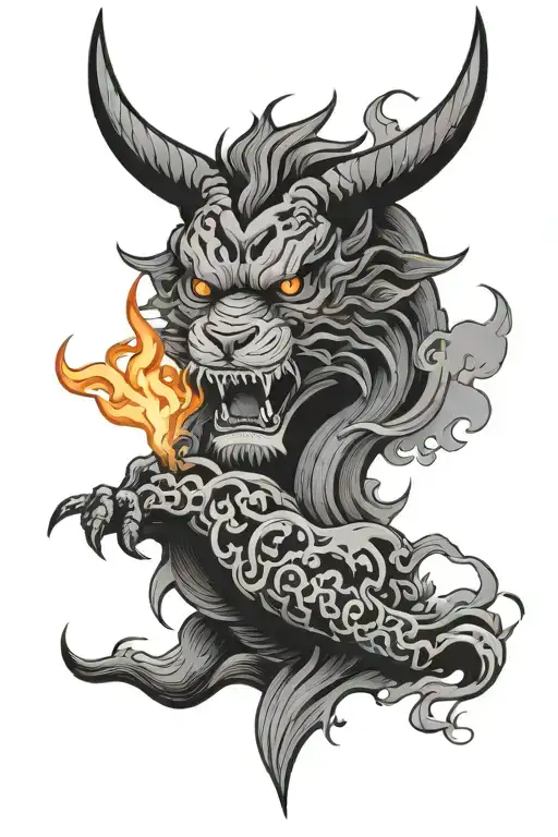A traditional Japanese tattoo design blending symbolic elements of strength and character. Incorporate roaring flames to tattoo design idea