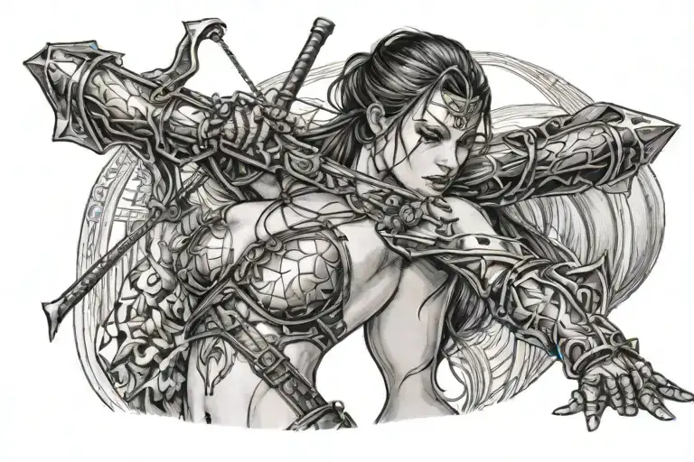 a naked woman with some leather armor and a cross bow shoulder tattoo with small breasts showing tattoo design idea
