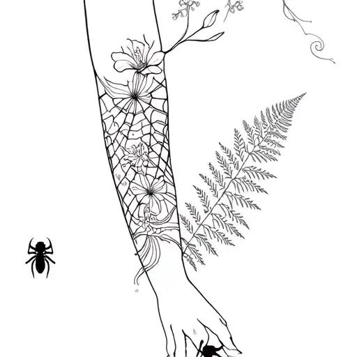 wrap around tattoo with baby’s breath, lily’s, and fern, and spider in a spider web all black just the outline (arm) tattoo design idea