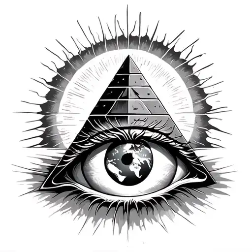 pyramid with evil eye in center with world in pupil with sun in background tattoo design idea