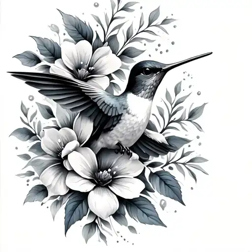 hummingbird with flowers curving around the top of right breast tattoo design idea