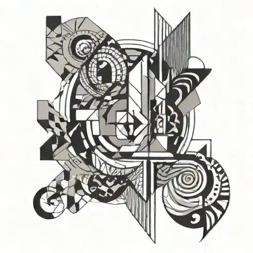  A simplistic tattoo, with fine lines, abstract design, black and white color, different shapes, patch work theme,  tattoo design idea