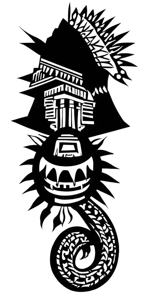aztec with temple and snake tattoo design idea