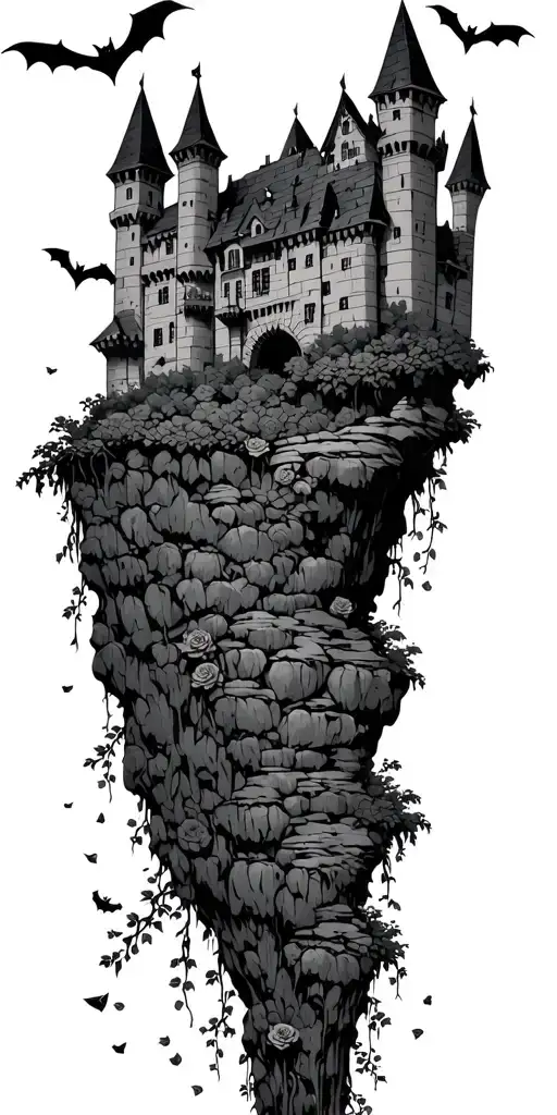 Dark gloomy castle with bats on top of a cliff. rose bushes and vines at bottom of cliff. With rose pedals falling Down tattoo design idea