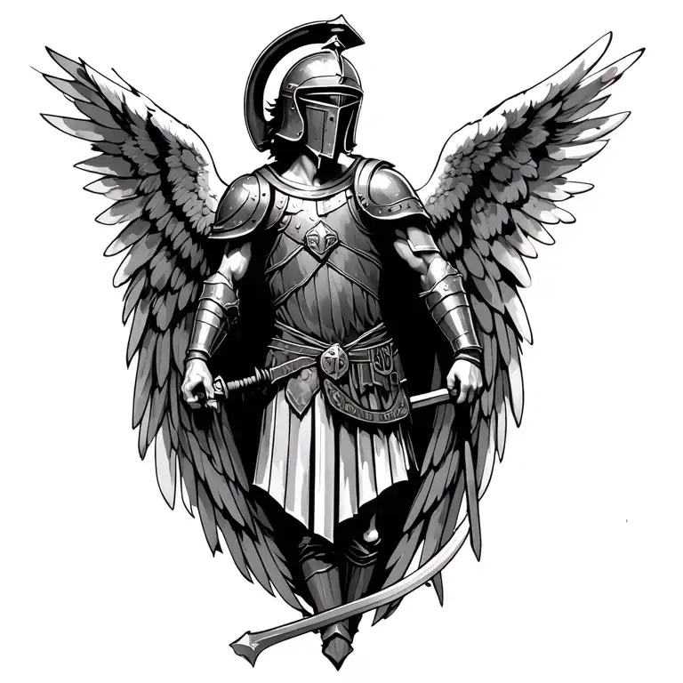 helmeted roman solider guardian angel wings spread tattoo design idea