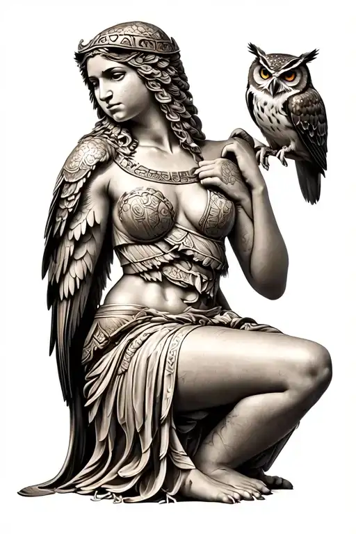 Athena sitting sideways in a slightly bent state, an owl sits on her shoulder tattoo design idea