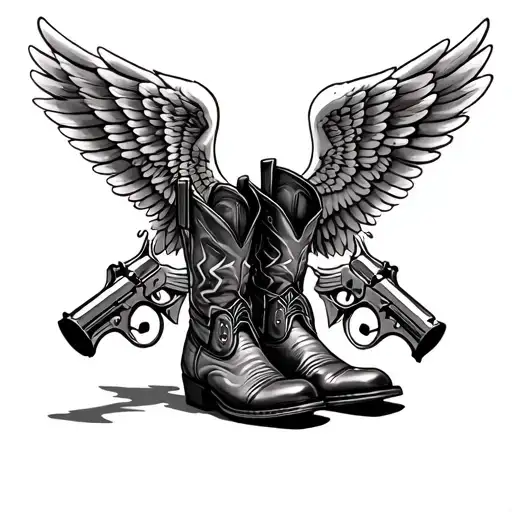 cowboy boots motorcycle angel wings gun intertwined tattoo design idea