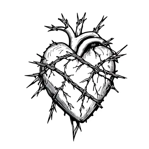 Pierced damaged heart with barbed wire  around it tattoo design idea
