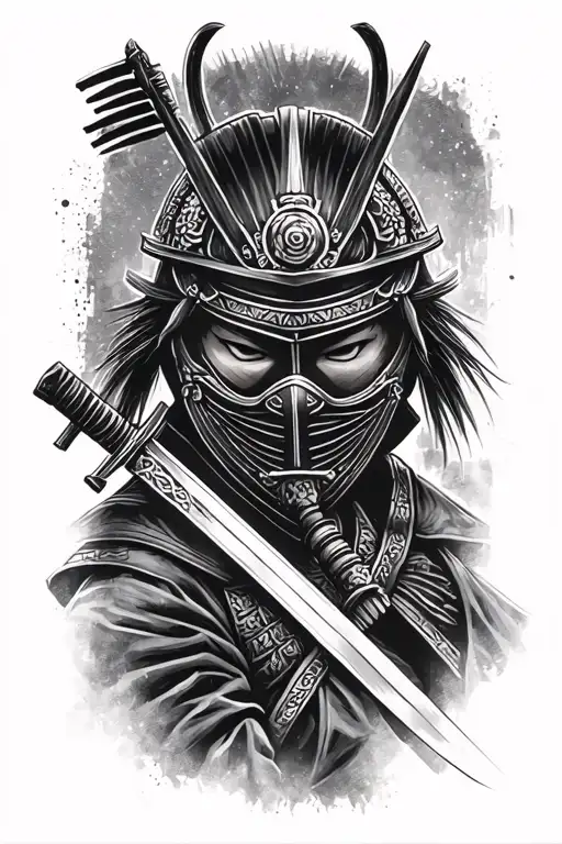 samurai with katana in mask black and white tattoo sketch simple tattoo design idea