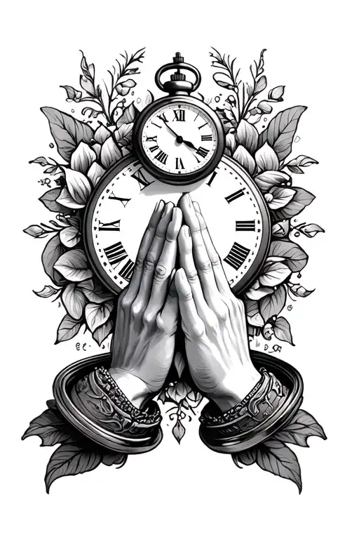 praying hands and pocket watch  tattoo design idea