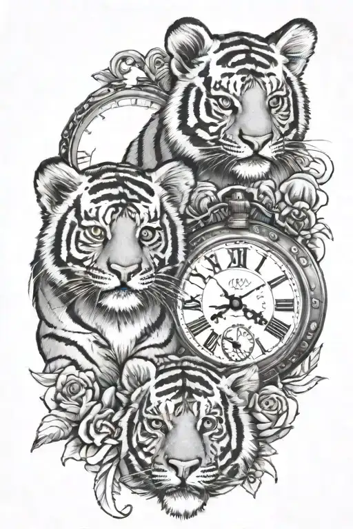 2 tiger cubs and 2 pocket watch tattoo design idea