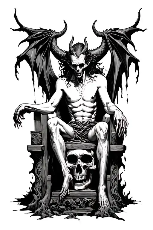 demon lucifer siting on a throne of skulls in the depths of hell tattoo design idea
