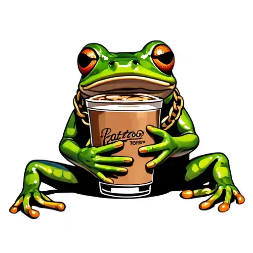 green frog holding a iced coffee with a gold chain on the neck tattoo design idea