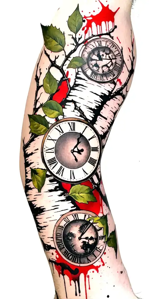 birch branches with hunter green leaves with only three clocks integrated into it for an arm sleeve tattoo design idea