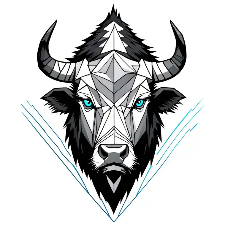 geometric bison head with blue eyes surrounded with geometric patterns in the background tattoo design idea