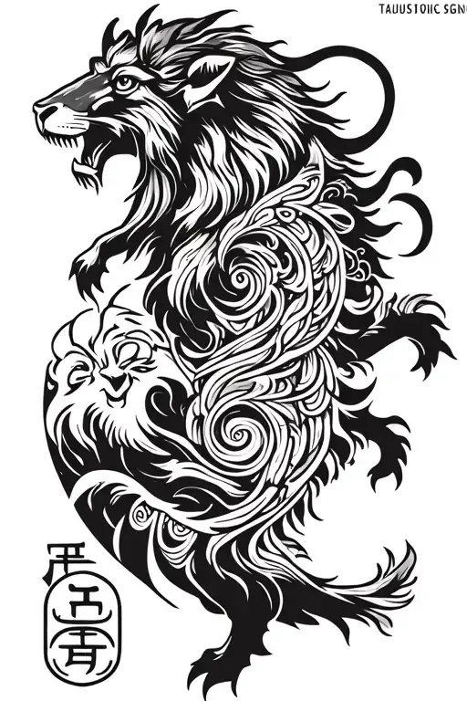taurus zodiac sign intertwined with japanese wave plus cardinal tattoo and lion family symbol tattoo design idea