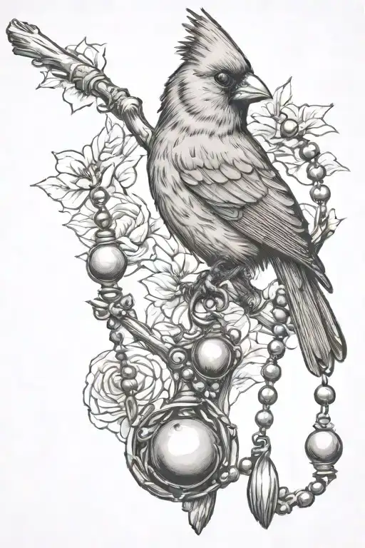 cardinal perched on a rosary with beads wrapping tattoo design idea