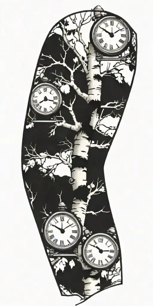 birch tree branches with three clocks integrated into it for an arm sleeve tattoo design idea