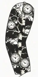 birch tree branches with three clocks integrated into it for an arm sleeve tattoo design idea