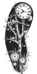 birch tree branches with three clocks integrated into it for an arm sleeve tattoo design idea
