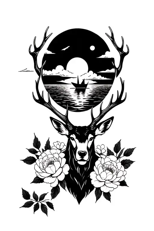 Stag head with peonies underneath, with antlers enclosing a scene - a paper boat on an ocean with clouds and a sun above tattoo design idea