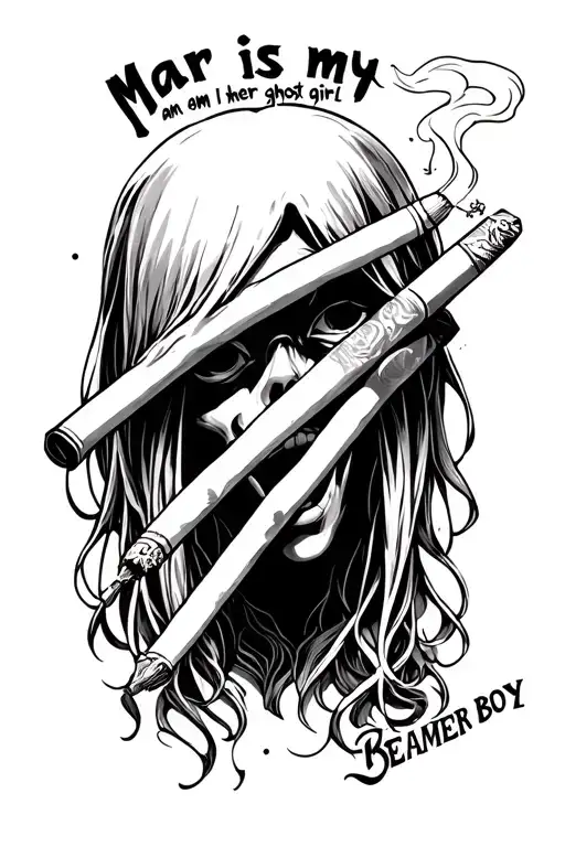 ghost smoking a blunt and it says  Mar is my ghost girl and I am her Beamer boy! tattoo design idea