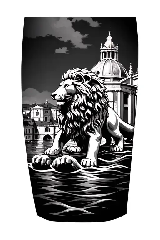 San Marco Venice lion on thigh with water themed background incorporating San Marco basilica with Tuscany landscape calf tattoo design idea