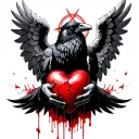 A crow with a pentagram on the head and wings of an angel in a Gothic style holds a broken heart in a beak of which blood tattoo design idea
