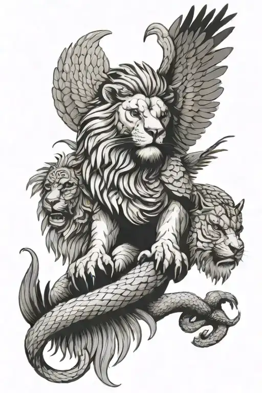 lion, snake slithering and philippine eagle perched with wings open. tattoo design idea