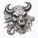 Lightning clouds in the background. A cow skull with a rattle snake wrapped around it. The snakes head above the skull h tattoo design idea