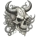 Lightning clouds in the background. A cow skull with a rattle snake wrapped around it. The snakes head above the skull h tattoo design idea