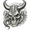 Lightning clouds in the background. A cow skull with a rattle snake wrapped around it. The snakes head above the skull h tattoo design idea