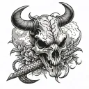 Lightning clouds in the background. A cow skull with a rattle snake wrapped around it. The snakes head above the skull h tattoo design idea