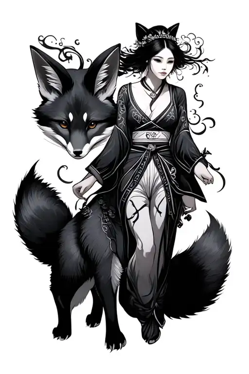 japanese women kitsune foxes walking tattoo design idea