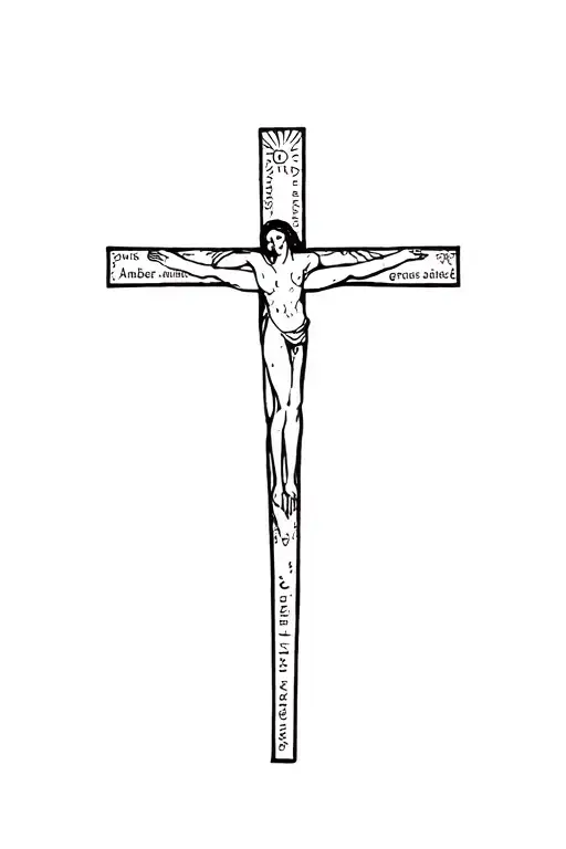 cross with Avis-labus going down the vertical bar and then give me a prayer and also put the names amber,alexis,gracie tattoo design idea