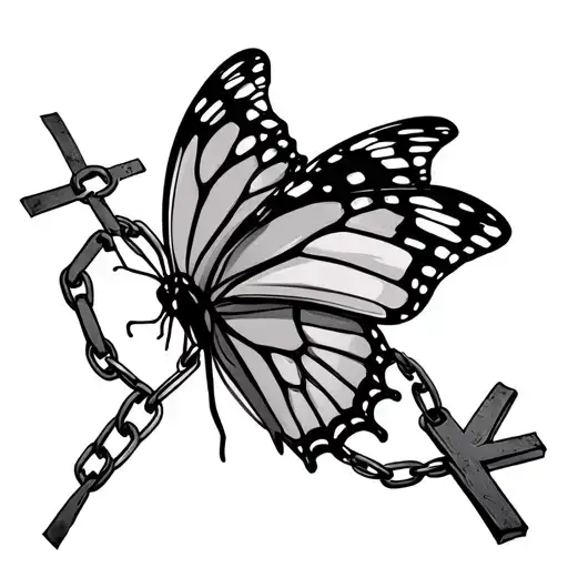 one Butterfly covering a  broke chain, Chain is in 2 pieces, there is a cross in the back ground,  tattoo design idea