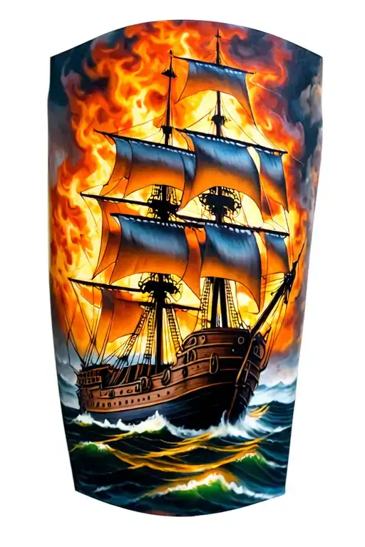 Spanish galleon on fire tattoo design idea