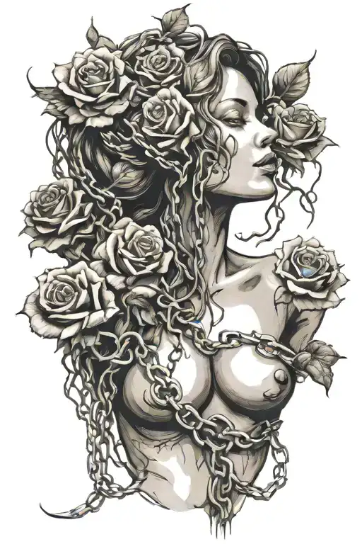 Silhouette of a girl naked anatomically correct breasts, roots growing out of chains, roses tattoo design idea