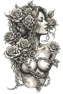 Silhouette of a girl naked anatomically correct breasts, roots growing out of chains, roses tattoo design idea