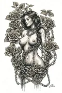 Silhouette of a girl naked anatomically correct breasts, roots growing out of chains, roses tattoo design idea