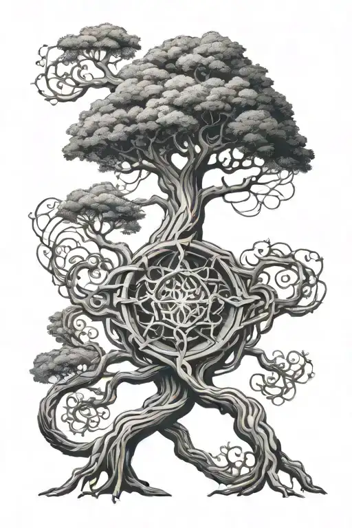 A black-grey tattoo of Yggdrasil tree intertwined with a data flow pattern, representing the client's passion for technology and mythology tattoo design idea
