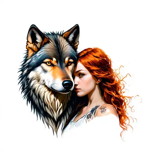 alpha wolf protecting red haired female in her late 20s tattoo design idea