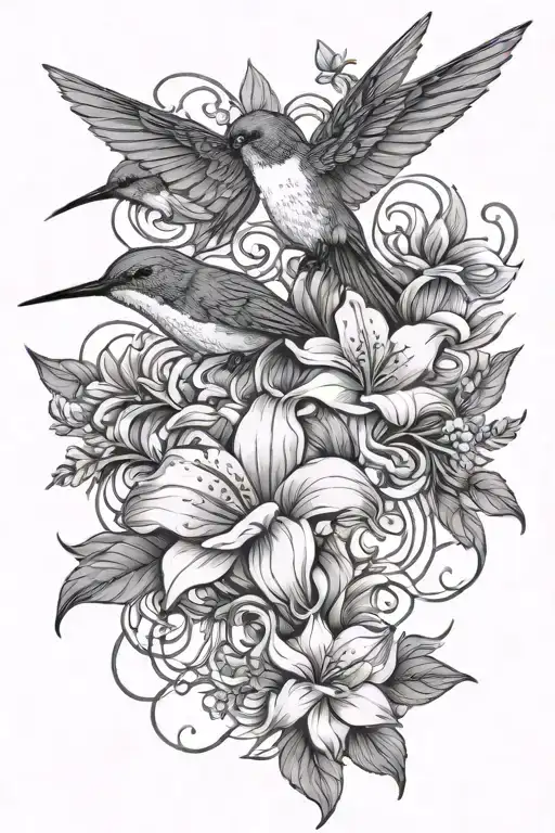 flowers blooming, humming bird flying, the name "May" incorporated in cursive style writing tattoo design idea