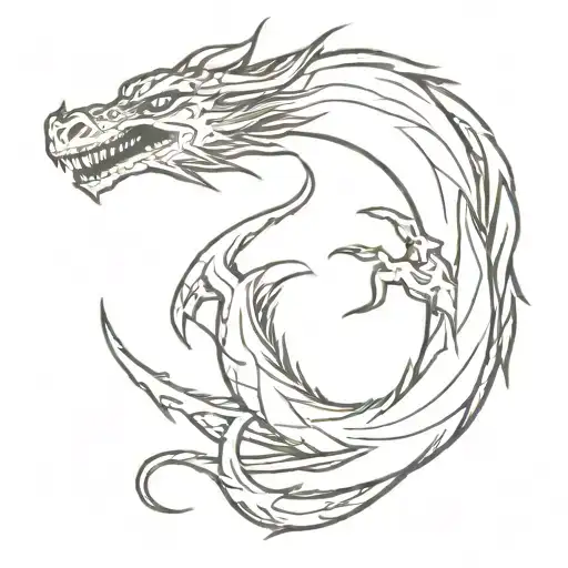 A dynamic tattoo design featuring a coiled dragon that blends elements of both Japanese and Western dragons. The dragon  tattoo design idea