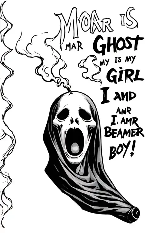 ghost smoking a blunt and it says " Mar is my ghost girl and I am her Beamer boy!" tattoo design idea