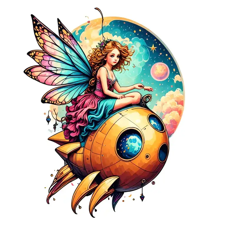 fairy riding on a rocket ship tattoo design idea